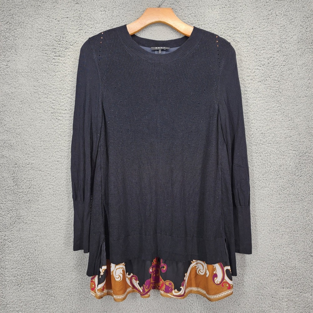 DKNY Womens Black Ribbed Split Back Mixed Media Printed Tunic Sweater Small